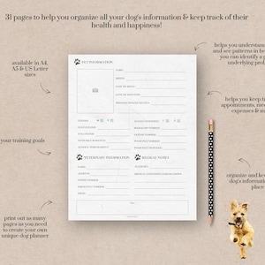 May include: A printable dog planner with 31 pages to help organize your dog's information and keep track of their health and happiness. The planner is available in A4, A5, and US Letter sizes. The planner includes sections for pet information, veterinary information, and medical notes.
