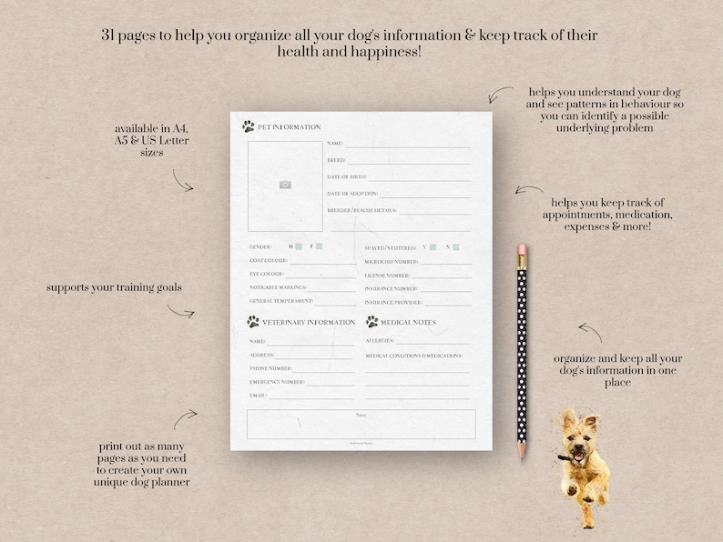 May include: A printable dog planner with 31 pages to help organize your dog's information and keep track of their health and happiness. The planner is available in A4, A5, and US Letter sizes. The planner includes sections for pet information, veterinary information, and medical notes.