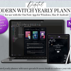 May include: A digital yearly planner for witches, designed for use with the OneNote app. The planner features tarot spreads and moon rituals. The image shows a laptop and tablet displaying the planner, with a purple OneNote icon in the top right corner.