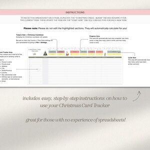 May include: A printable Christmas card tracker spreadsheet with instructions on how to use it. The spreadsheet includes sections for tracking card progress, sending dates, and card count. The spreadsheet is decorated with a Christmas tree and other festive graphics.