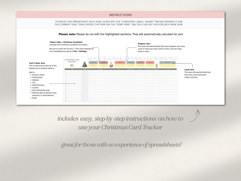 May include: A printable Christmas card tracker spreadsheet with instructions on how to use it. The spreadsheet includes sections for tracking card progress, sending dates, and card count. The spreadsheet is decorated with a Christmas tree and other festive graphics.