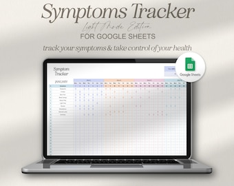 Peut inclure: Un écran d'ordinateur portable affichant une feuille de calcul Google Sheets intitulée "Symptom Tracker" avec une disposition de calendrier pour suivre les symptômes tout au long du mois de janvier. La feuille de calcul est en mode clair et présente une palette de couleurs bleu clair, rose et orange.