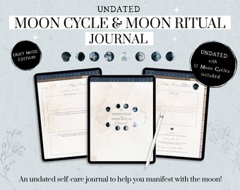Op de afbeelding: Een digitale planner op een tabletscherm met de titel "Moon Cycle & Moon Ritual Journal". De planner is niet gedateerd en bevat 12 maancycli. De planner heeft een light-mode editie en is ontworpen om je te helpen manifesteren met de maan.