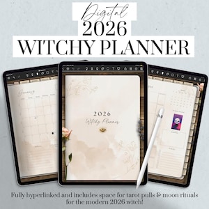 May include: Digital 2026 Witchy Planner displayed on three tablets. The central tablet shows the title and the year. The other tablets display calendar pages. A white stylus rests on the right tablet. The text reads: "Fully hyperlinked and includes space for tarot pulls & moon rituals for the modern 2026 witch!"