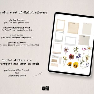 Pode incluir: Um download digital de adesivos para usar em planejadores e di&aacute;rios digitais. Os adesivos incluem molduras para fotos, fita washi, papel para recortes e flores prensadas. Os adesivos s&atilde;o pr&eacute;-cortados e v&ecirc;m em formato Goodnotes e PNG individuais.