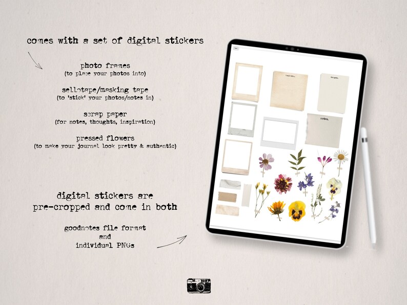 Pode incluir: Um download digital de adesivos para usar em planejadores e di&aacute;rios digitais. Os adesivos incluem molduras para fotos, fita washi, papel para recortes e flores prensadas. Os adesivos s&atilde;o pr&eacute;-cortados e v&ecirc;m em formato Goodnotes e PNG individuais.