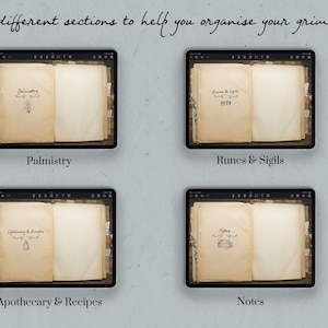 May include: Four digital pages on a tablet screen, each with a different title and a blank page. The titles are "Palmistry", "Runes & Sigils", "Apothecary & Recipes", and "Notes".