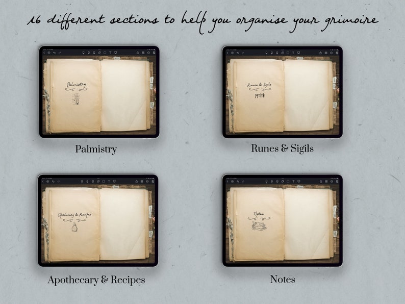 May include: Four digital pages on a tablet screen, each with a different title and a blank page. The titles are "Palmistry", "Runes & Sigils", "Apothecary & Recipes", and "Notes".