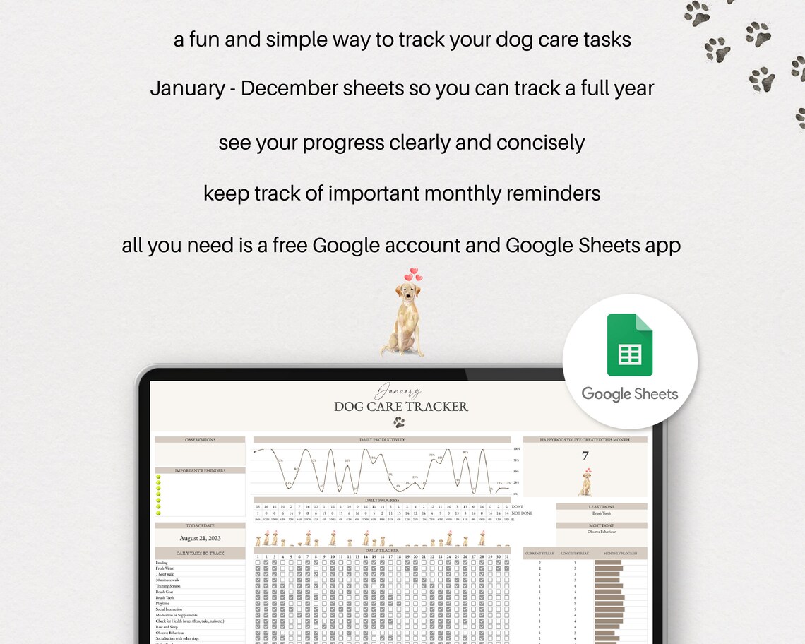 Google Sheets Golden Lab Dog Planner, Spreadsheet Dog Habit Tracker ...