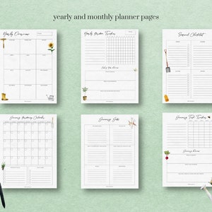 May include: Printable gardening planner pages with illustrations of gardening tools, plants, and a bee. The pages include a yearly overview, seasonal checklist, monthly calendar, gardening jobs, and task tracker.