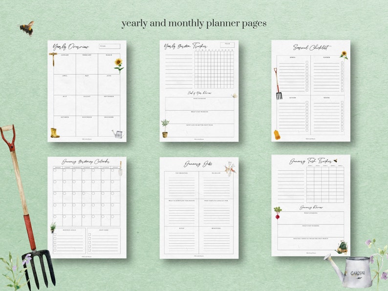 May include: Printable gardening planner pages with illustrations of gardening tools, plants, and a bee. The pages include a yearly overview, seasonal checklist, monthly calendar, gardening jobs, and task tracker.