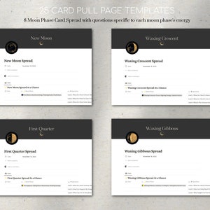 May include: A set of 8 printable tarot card spread templates for each moon phase. The templates are black with gold accents and include the moon phase name, spread name, and questions to ask for each card.
