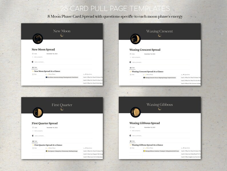 May include: A set of 8 printable tarot card spread templates for each moon phase. The templates are black with gold accents and include the moon phase name, spread name, and questions to ask for each card.