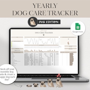 May include: A laptop computer screen displaying a Google Sheets spreadsheet titled "January Dog Care Tracker" with a pug illustration. The spreadsheet includes a calendar, a graph, and a list of dog care tasks. The text "check off your monthly dog tasks & create a happy dog each day!" is displayed below the laptop. Five pug illustrations are shown below the laptop.