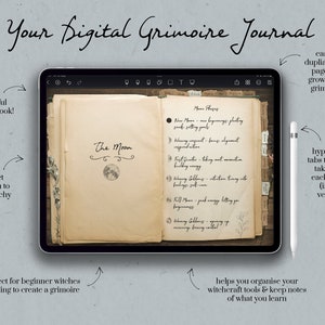 May include: A digital grimoire journal app on an iPad with a stylus. The app has a realistic, vintage look with tabs for different sections. The text on the screen reads "The Moon" and "Moon Phases".