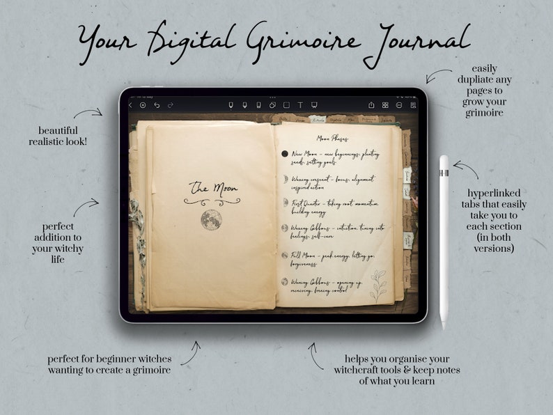 May include: A digital grimoire journal app on an iPad with a stylus. The app has a realistic, vintage look with tabs for different sections. The text on the screen reads "The Moon" and "Moon Phases".