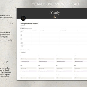 May include: A printable yearly tarot spread planner with a black and white design. The planner includes a table view and a visual spread for each month of the year. The text "Yearly Overview Spread" is at the top of the page.