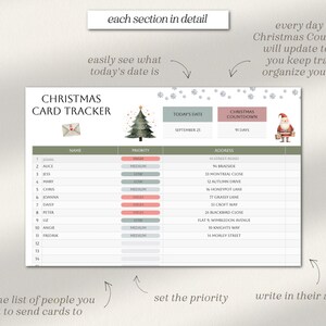 May include: A printable Christmas card tracker with sections for names, priority, addresses, and a countdown to Christmas. The tracker features a green Christmas tree and a Santa Claus illustration.