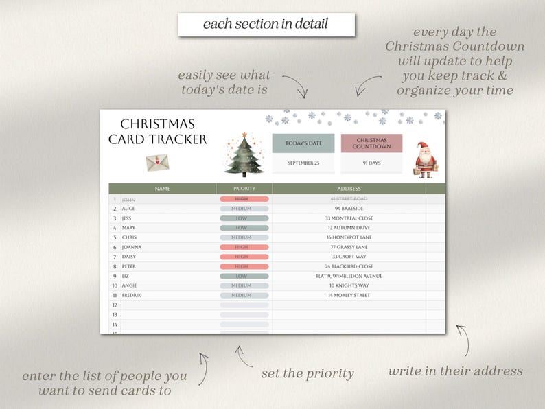May include: A printable Christmas card tracker with sections for names, priority, addresses, and a countdown to Christmas. The tracker features a green Christmas tree and a Santa Claus illustration.