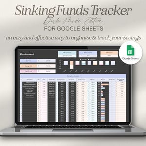 May include: A laptop screen displaying a Google Sheets spreadsheet titled "Sinking Funds Tracker - Dark Mode Edition". The spreadsheet is designed to help users track their savings. The spreadsheet has a dashboard with sections for "My Top Priorities", "Debt Commitment", and "Total Properties". The spreadsheet also has a section for "Sinking Funds Summary" with columns for "Fund Name", "Savings Amount", "Next Savings Amount", "Left to Save", "Progress", "Monthly Contribution", and "Monthly Savings".