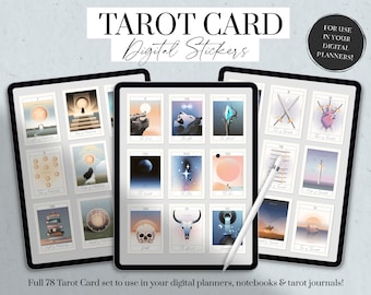 May include: A set of 78 digital tarot card stickers in a minimalist style. The cards are displayed on a digital tablet screen. The cards feature various illustrations, including a skull, a sword, and a heart.
