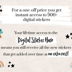Puede incluir: Gr&aacute;fico de texto con las palabras "Por un precio &uacute;nico, obtienes acceso instant&aacute;neo a m&aacute;s de 900 pegatinas digitales" y "Tu acceso de por vida al Digital Sticker Hub significa que sigues recibiendo todas las nuevas pegatinas que se a&ntilde;aden con el tiempo sin coste adicional!" El gr&aacute;fico presenta una variedad de pegatinas coloridas, incluyendo un cactus, un arco&iacute;ris y un b&uacute;ho.