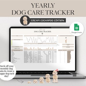 May include: A laptop computer screen displaying a Google Sheets spreadsheet titled "Yearly Dog Care Tracker - Cream Cockapoo Edition". The spreadsheet includes a calendar, a graph, and a list of dog care tasks. The image also includes a small illustration of a cream cockapoo dog.