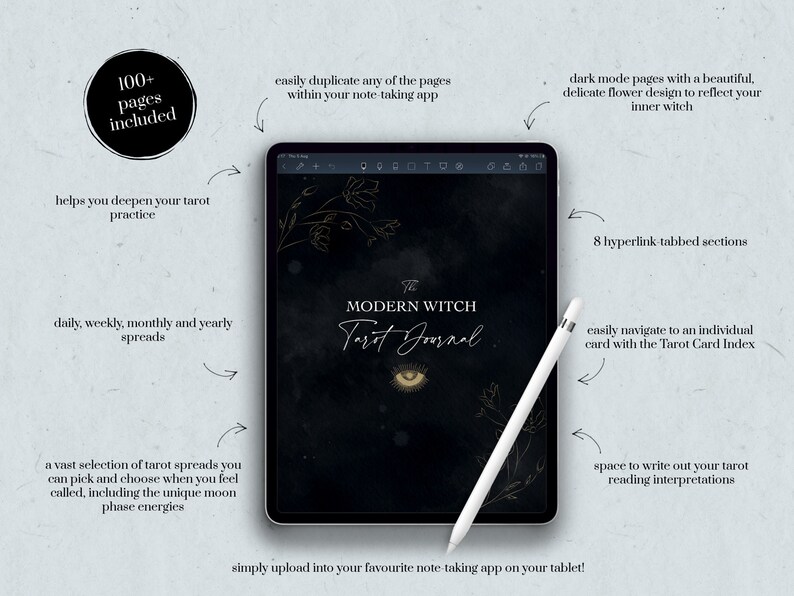 Może przedstawiać: Cyfrowy dziennik tarota na tablecie z rysikiem. Dziennik ma czarne tło ze złotymi kwiatowymi akcentami i tekstem "The Modern Witch Tarot Journal". Zawiera ponad 100 stron, codzienne, tygodniowe i miesięczne rozkłady oraz 8 sekcji z zakładkami.