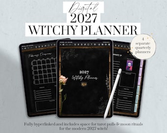 Może przedstawiać: Cyfrowy planer 2027 Witchy Planner wyświetlony na trzech ekranach tabletów. Interfejs posiada ciemny motyw z kalendarzem, listami zadań i sekcjami tarota. Biały rysik spoczywa na ekranie. Tekst zawiera: 4 separate quarterly planners.