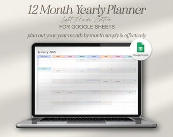 May include: A laptop computer displaying a Google Sheets spreadsheet with a 12-month yearly planner in light mode. The planner is for January 2025 and has a pastel color scheme.