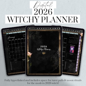 May include: Three digital tablets displaying a 2026 Witchy Planner. The central tablet shows the title and an eye graphic. The other tablets display calendar pages. The text reads "Digital 2026 Witchy Planner" and "Fully hyperlinked and includes space for tarot pulls & moon rituals for the modern 2026 witch!"