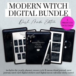 Modern Witch Digital Planner Bundle, Witchy Planner, Tarot Journal, Moon Cycle Journal, Moon Rituals, Tarot Card Digital Stickers, Goodnotes