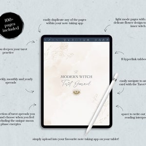 Może przedstawiać: Tablet cyfrowy wyświetlający jasną stronę cyfrowego dziennika tarota zatytułowanego "The Modern Witch Tarot Journal". Dziennik ma delikatny wz&oacute;r kwiatowy i symbol oka. Tekst wok&oacute;ł tabletu opisuje funkcje dziennika, w tym ponad 100 stron, 8 sekcji z hiperłączami i indeks kart tarota.