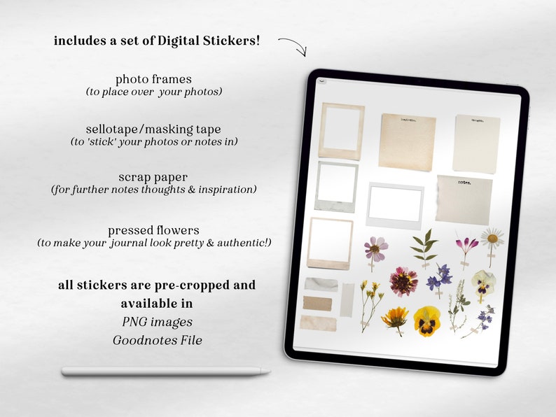 Puede incluir: Una pantalla de tableta digital que muestra un conjunto de pegatinas digitales para usar en una agenda digital. Las pegatinas incluyen marcos de fotos, cinta adhesiva, papel de desecho y flores prensadas. El texto "includes a set of Digital Stickers!" es visible en la parte superior de la pantalla. Las pegatinas est&aacute;n precortadas y disponibles en im&aacute;genes PNG para Goodnotes File.