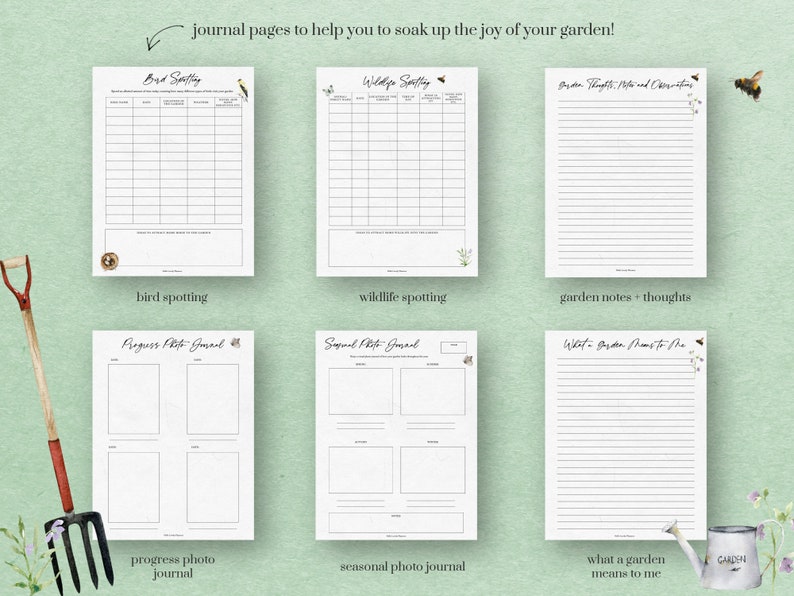 May include: Printable journal pages with illustrations of birds, bees, and gardening tools. The pages are designed to help you track your garden progress, record wildlife sightings, and jot down your thoughts about gardening.