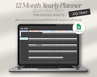 May include: A laptop displaying a 12-month yearly planner for Google Sheets in dark mode. The screen shows a July 2025 calendar layout with a grid for daily and weekly planning. Text on the screen and above the laptop reads "12 Month Yearly Planner" and "July Start".