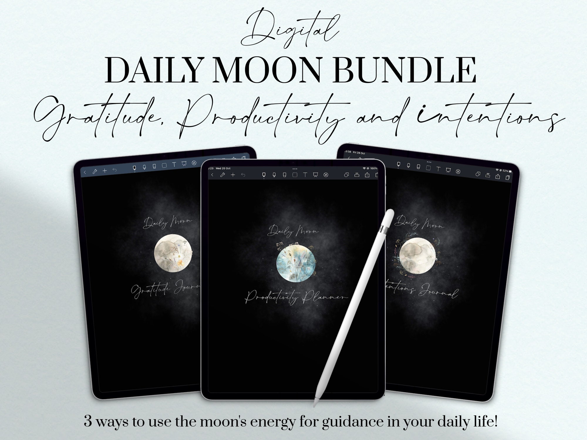 Digital Daily Moon Planner Bundle, Moon Productivity Planner, Moon Gratitude Journal, Moon Intentions Journal, Goodnotes, Witchy Planners