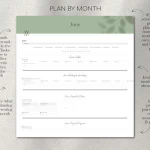 May include: A printable planner page for June with sections for tasks, planting and harvesting, projects, and progress. The page has a green background with a sun and leaves.