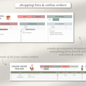 May include: A printable planner with sections for shopping lists and online order tracking. The planner features a festive Christmas theme with illustrations of Santa Claus and an elf. The text "shopping lists & online orders" is at the top of the page. The text "keep track of all your online orders" is below the planner.