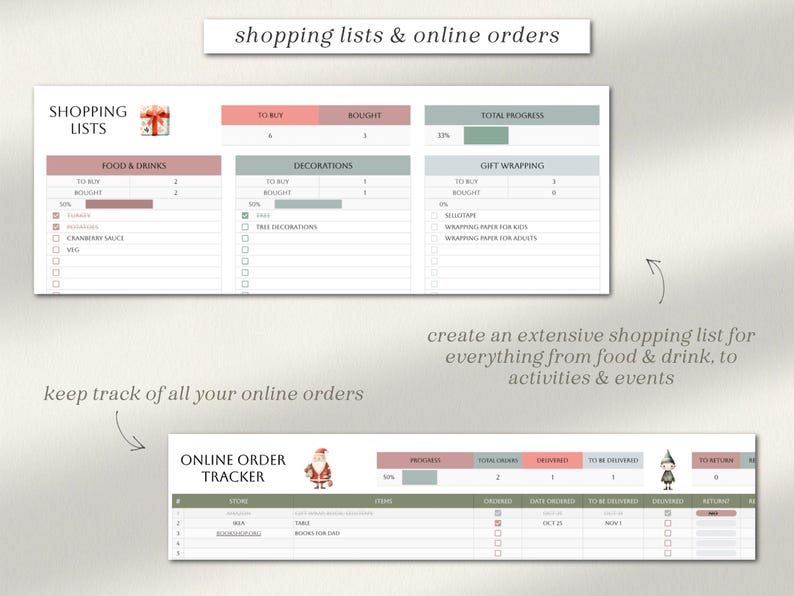May include: A printable planner with sections for shopping lists and online order tracking. The planner features a festive Christmas theme with illustrations of Santa Claus and an elf. The text "shopping lists & online orders" is at the top of the page. The text "keep track of all your online orders" is below the planner.