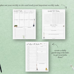 May include: Three printable gardening planner pages with a green background. The first page is a weekly to-do list with a small illustration of a potted plant. The second page is a weekly task tracker with a small illustration of a broom. The third page is a daily gardening schedule with a small illustration of a shovel and a boot.