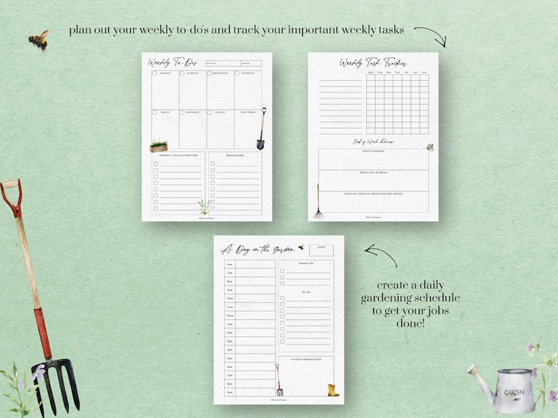 May include: Three printable gardening planner pages with a green background. The first page is a weekly to-do list with a small illustration of a potted plant. The second page is a weekly task tracker with a small illustration of a broom. The third page is a daily gardening schedule with a small illustration of a shovel and a boot.
