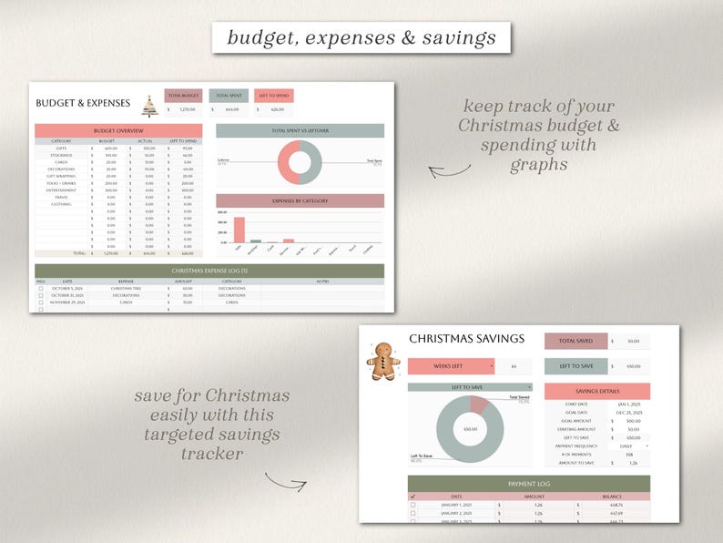 May include: A printable Christmas budget and savings tracker with a gingerbread man illustration. The tracker includes sections for budgeting expenses, tracking savings, and a spending log.