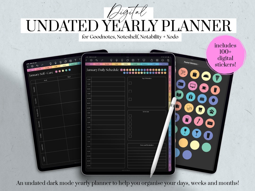 Undated Digital Planner, Yearly Digital Planner Ipad, Dark Mode Planner ...