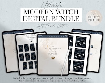 Modern Witch Digital Planner Bundle, Witchy Planner, Tarot Journal, Moon Cycle Journal, Moon Rituals, Tarot Card Digital Stickers, Goodnotes