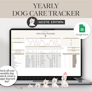 Könnte beinhalten: Ein Laptop-Bildschirm zeigt eine Google Sheets-Tabelle mit dem Titel "Jährlicher Hunde-Pflege-Tracker - Westie Edition". Die Tabelle enthält einen Kalender, ein Diagramm und eine Liste von Hunde-Pflege-Aufgaben. Der Text "Kreuze deine monatlichen Hundefragen ab und schaffe jeden Tag einen glücklichen Hund!" wird unter dem Laptop angezeigt.