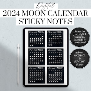 Digital 2024 Moon Calendar Sticky Notes, Witchy Planner Stickers, Digital Stickers, New Moon Ritual, Full Moon Ritual, Goodnotes