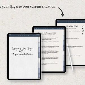 May include: A digital tablet screen displaying a handwritten note about applying the concept of Ikigai to your current situation. The note is written in black ink on a white background. The tablet is on a white surface.