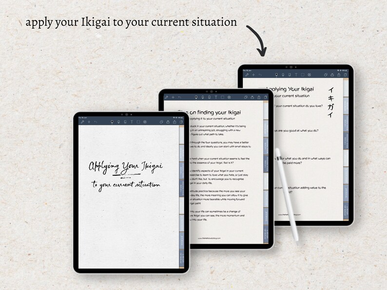 May include: A digital tablet screen displaying a handwritten note about applying the concept of Ikigai to your current situation. The note is written in black ink on a white background. The tablet is on a white surface.