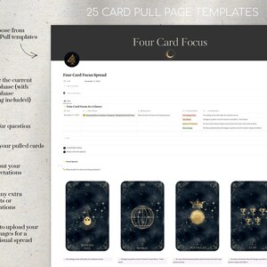 May include: A printable tarot card reading spread template with instructions for a four card focus spread. The template includes space to write the current moon phase, ask a question, select the cards pulled, write interpretations, and add extra thoughts or observations. The template also includes space to upload images of the cards for a more visual spread.
